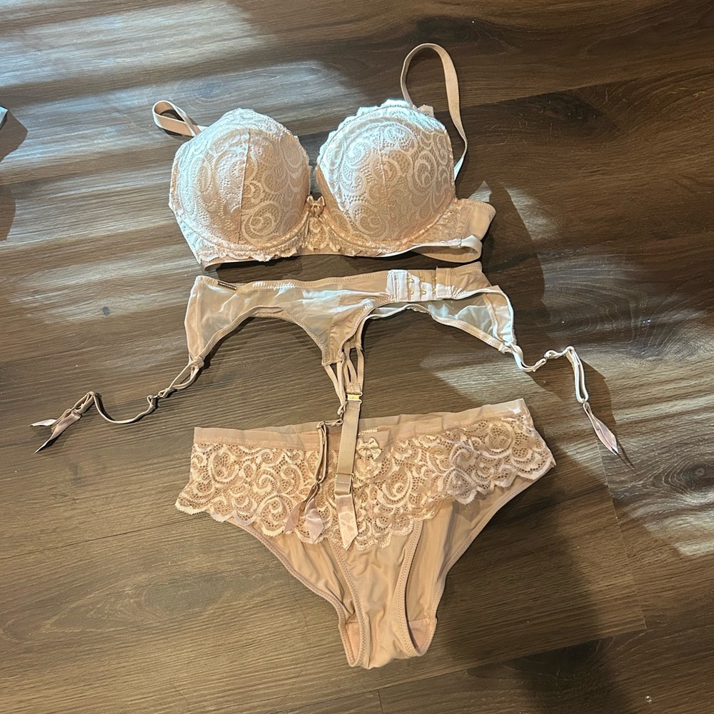 3 Piece Beige Lingerie Set mix of Pour Moi and Bluebella